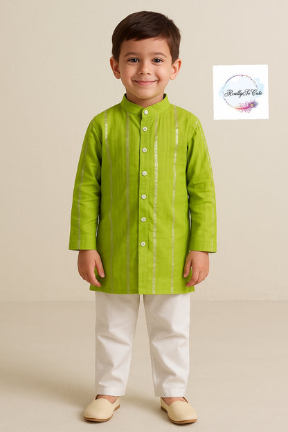 Boys' Green sherwani style kurta pajama, cotton kurta pajama