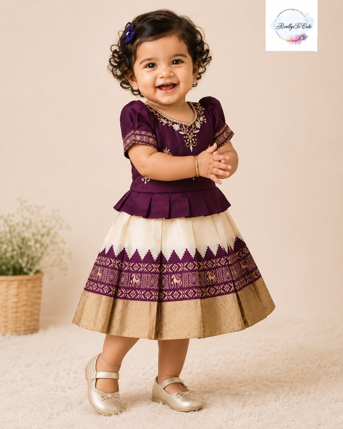 Deep Plum & Ivory Pattu Baby Girl Dress with Handwork | Semi Silk