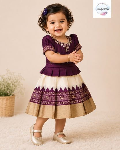 Deep Plum & Ivory Pattu Baby Girl Dress with Handwork | Semi Silk