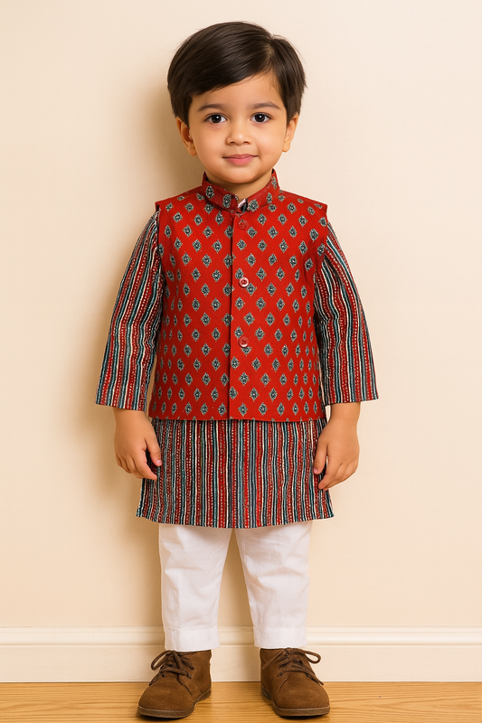 Boys  cotton kurta pajama with jacket, Ajrak red cotton kurta set