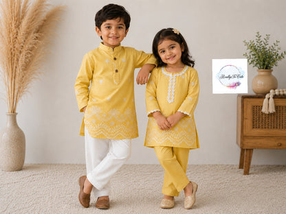 Buttercup Yellow Girls Kurta Sharara Set | Pure Cotton Festive Wear | Sibling Matching Outfit | 3M–15Y