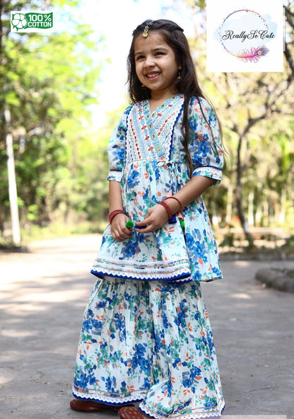 Blue Floral Cotton Sharara Set for Girls | Embroidered Ethnic Wear with Tassel Tie | Sizes 18M–10 Years |