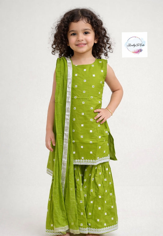 Girls Soft Cotton Mirror Work Kurta Sharara Set with Dupatta | Sleeveless Ethnic Outfit (3M–14Y)