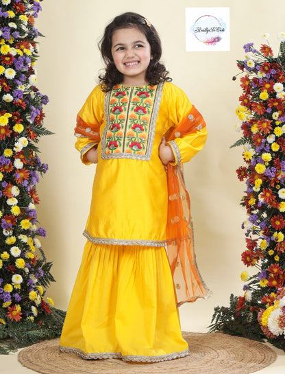 Yellow chanderi kurti sharara dupatta set, Muslin silk kurta sharara