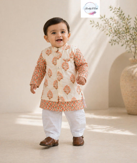 Block print jacket kurta pajama set, boy kurta pajama, Peach Block print