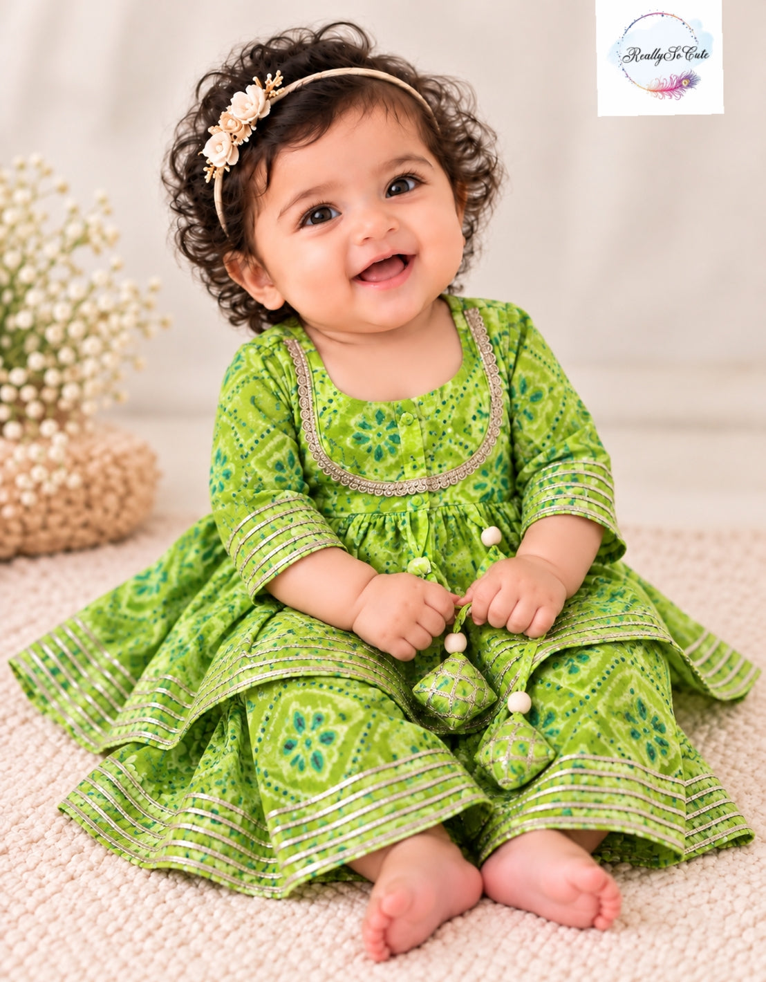 Baby Girls Multicolor green Bandhani Ethnic Wear Sets | 0–6 Months