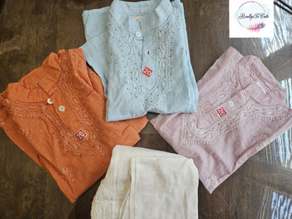 Boys Mauve Pink Handwork Chikankari Kurta Pajama Set | Pure Cotton