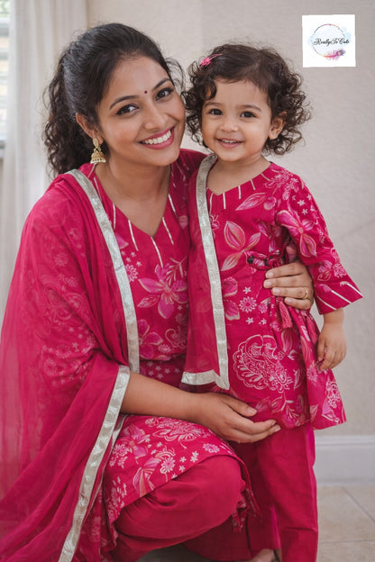 Pink Floral Muslin Kurta Set for Women with Pockets | Mom & Me Matching Available | S–XXL