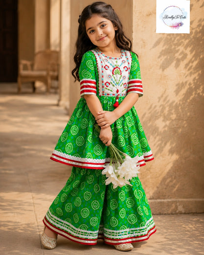 Green Floral Embroidered Sharara Set for Girls | Pure Cotton Festive Wear| 3M–15Y