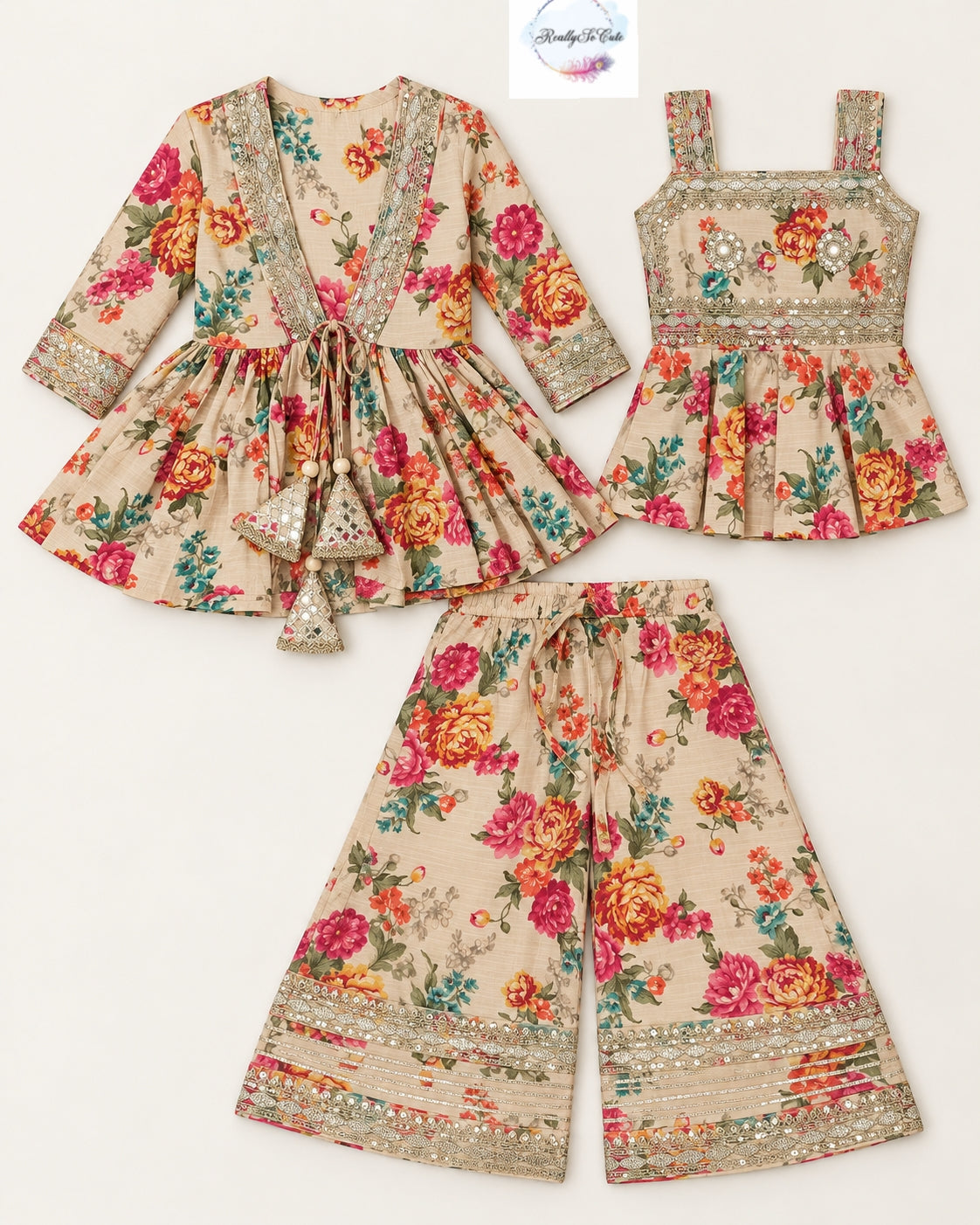 Beige Floral Muslin 3-Piece Girls Sharara Palazzo Set with Embellished Jacket