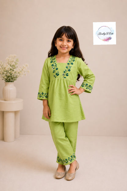 Lime Green Embroidered Pure Cotton Co-Ord Set for Girls | Matching Mom & Daughter Outfit