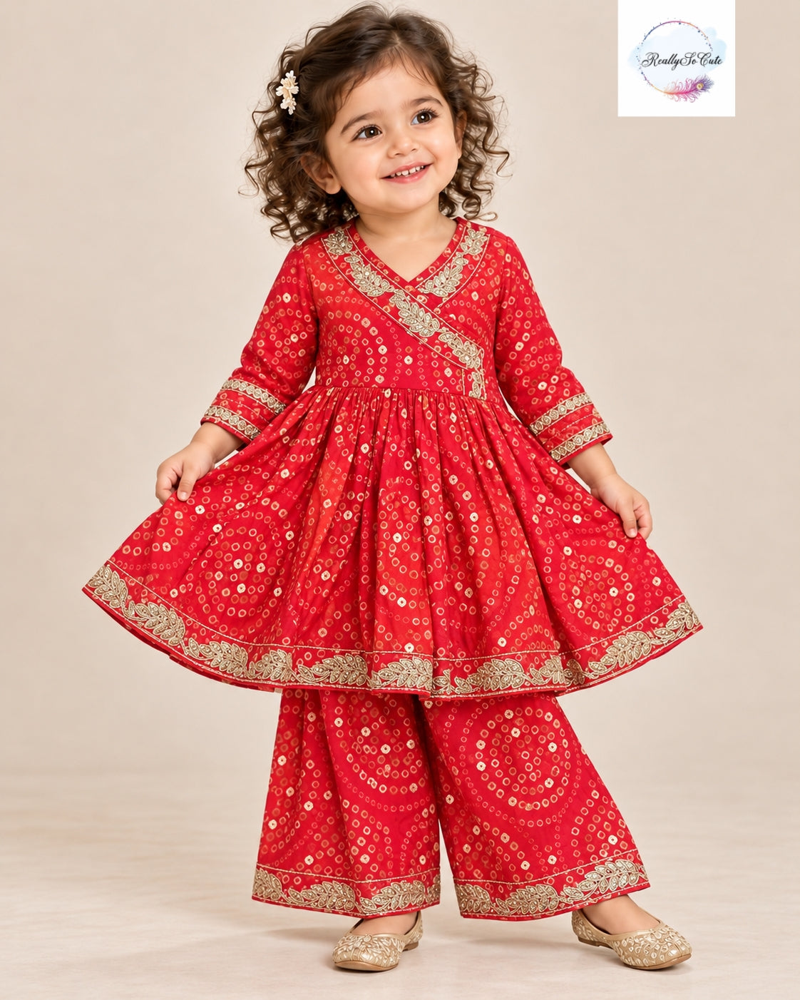 Girls Red Bandhani Print Angrakha Kurti & Palazzo Set | Festive Ethnic Wear