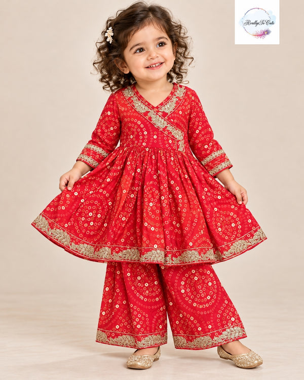 Girls Red Bandhani Print Angrakha Kurti & Palazzo Set | Festive Ethnic Wear
SEO Product Description