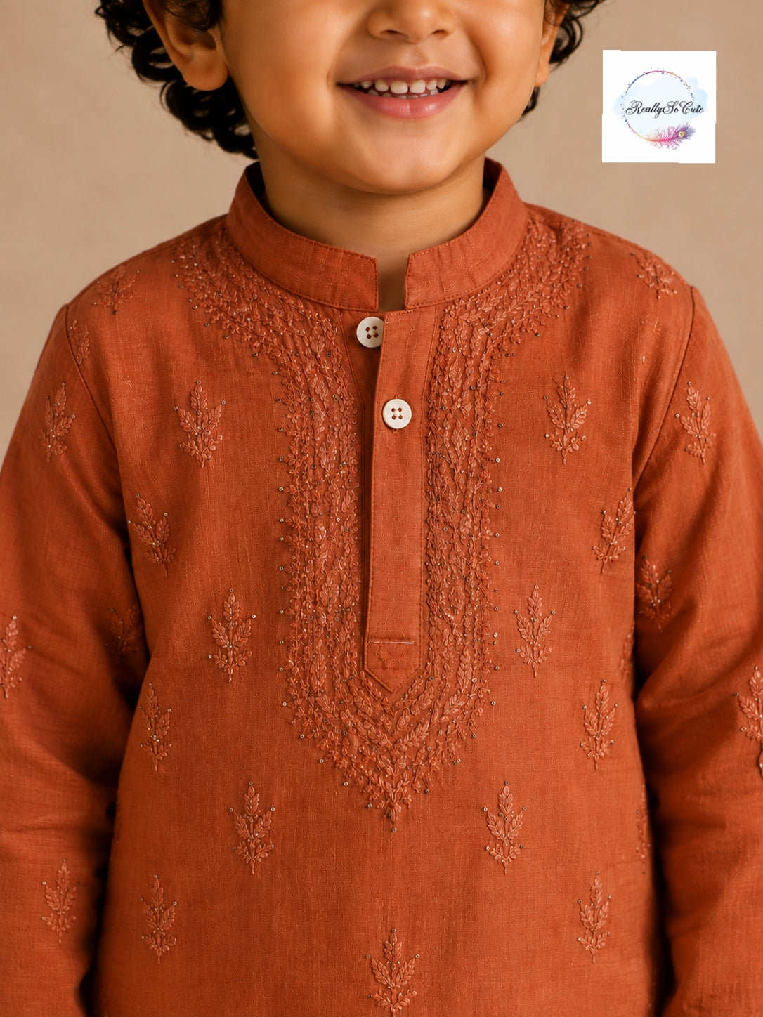 Boys Rust Handwork Chikankari Kurta Pajama Set | Pure Cotton