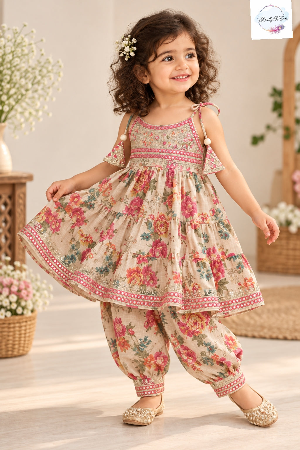Girls Floral Print Muslin Cotton Kurti with Afghani Pants Set | Traditional Ethnic Wear