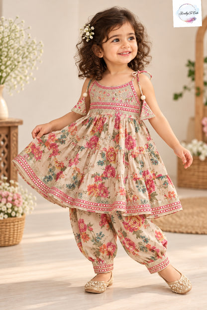 Girls Floral Print Muslin Cotton Kurti with Afghani Pants Set | Traditional Ethnic Wear