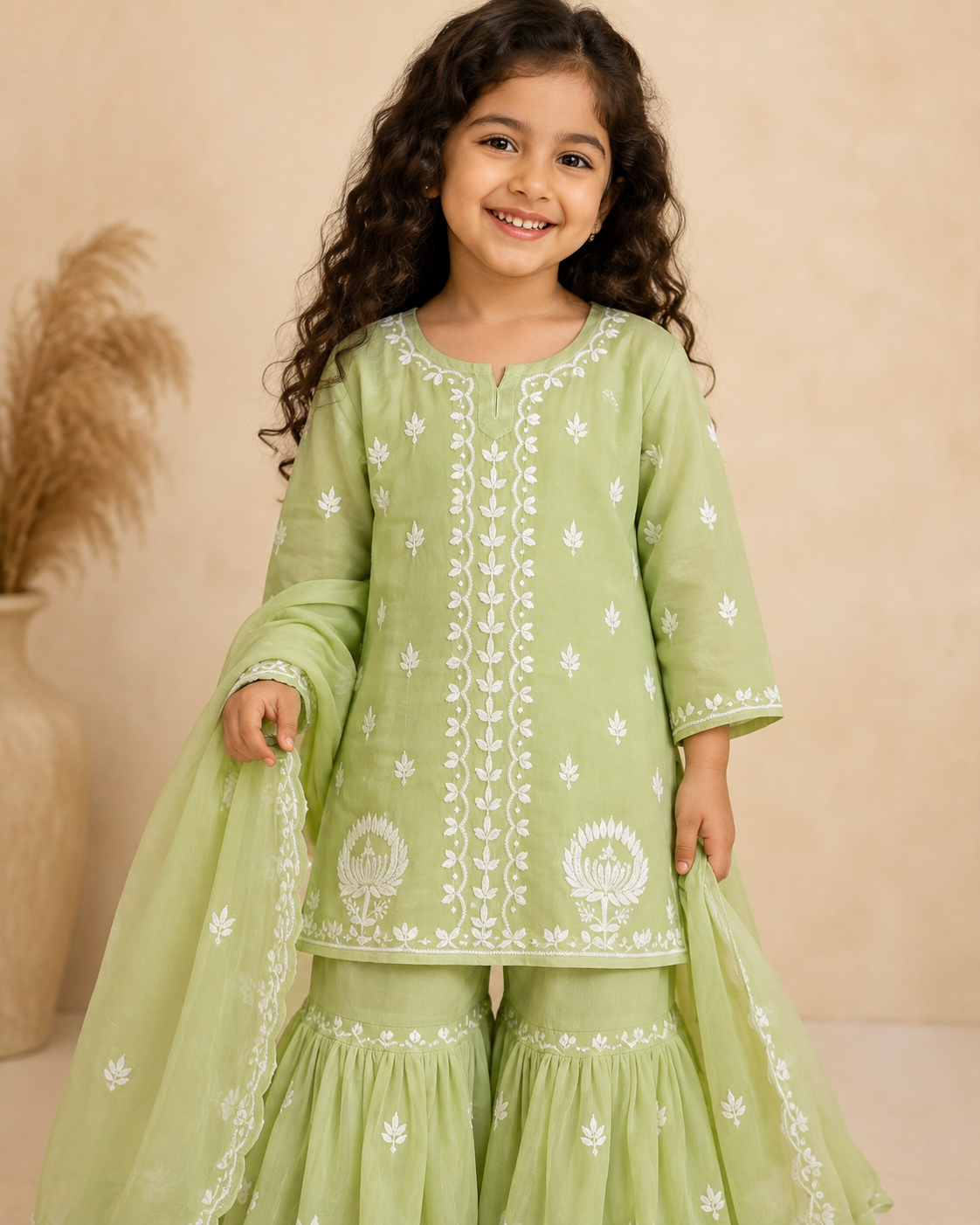 Girls Pistachio Green Chikankari Georgette 4-Piece Sharara Set
