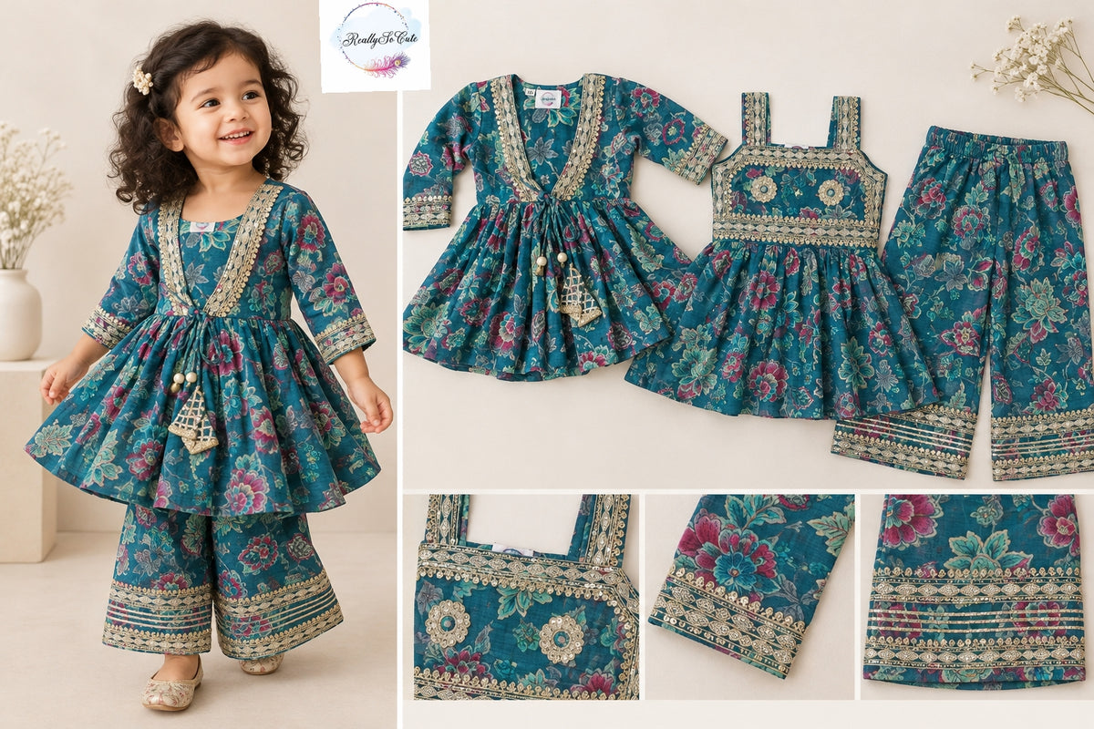 Teal Blue Floral Muslin 3-Piece Girls Ethnic Set | Long Kurti, Sharara & Palazzo Pants
Product Description: