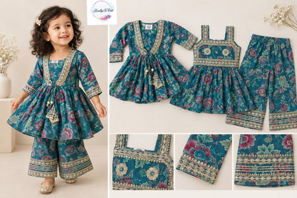 Teal Blue Floral Muslin 3-Piece Girls Ethnic Set | Long Kurti, Sharara & Palazzo Pants
Product Description: