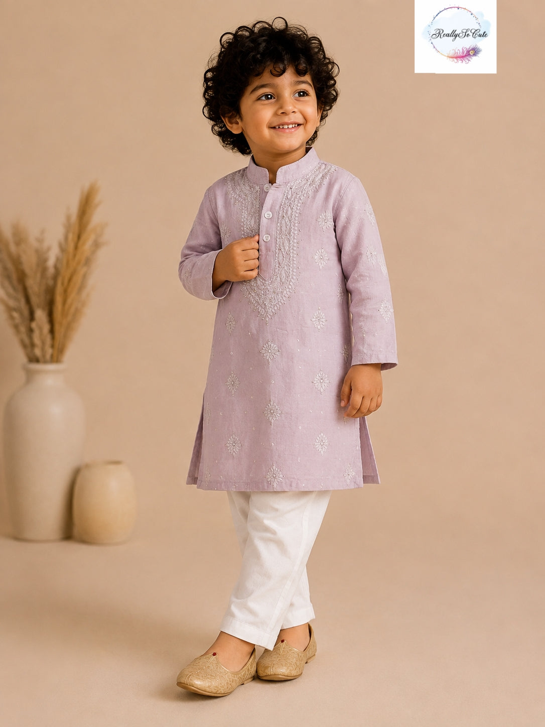 Boys Mauve Pink Handwork Chikankari Kurta Pajama Set | Pure Cotton