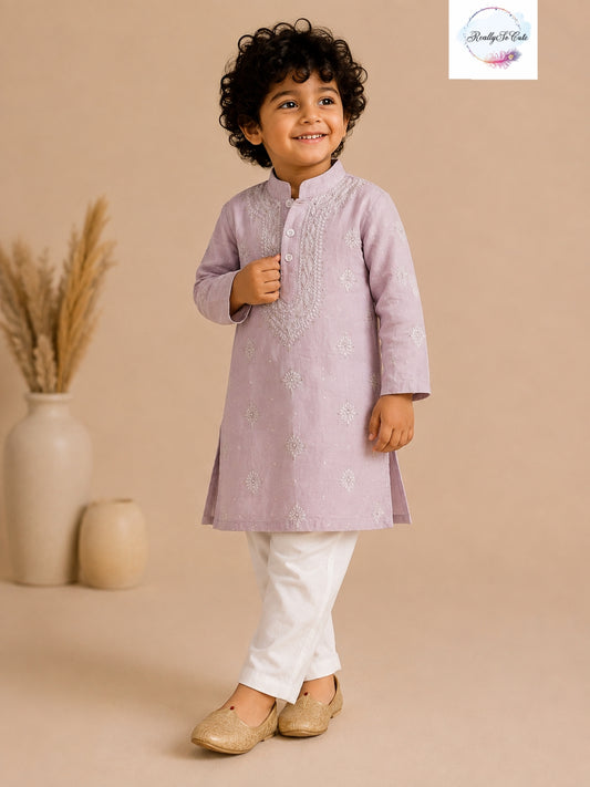 Boys Mauve Pink Handwork Chikankari Kurta Pajama Set | Pure Cotton