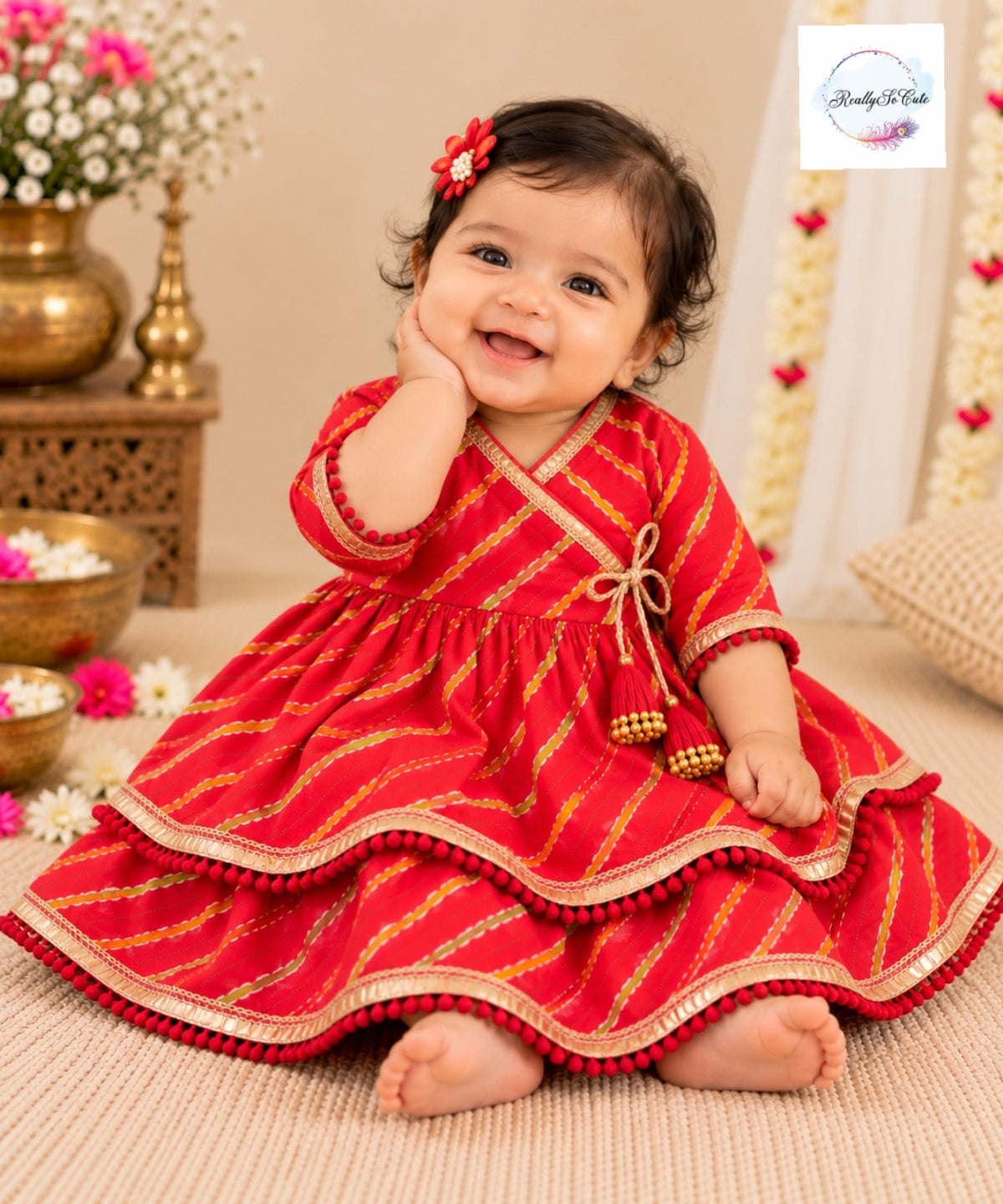 Baby red Leheriya Print Pure Cotton Angrakha lehagna Set | 0–2Y