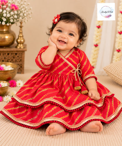 Baby red Leheriya Print Pure Cotton Angrakha lehagna Set | 0–2Y