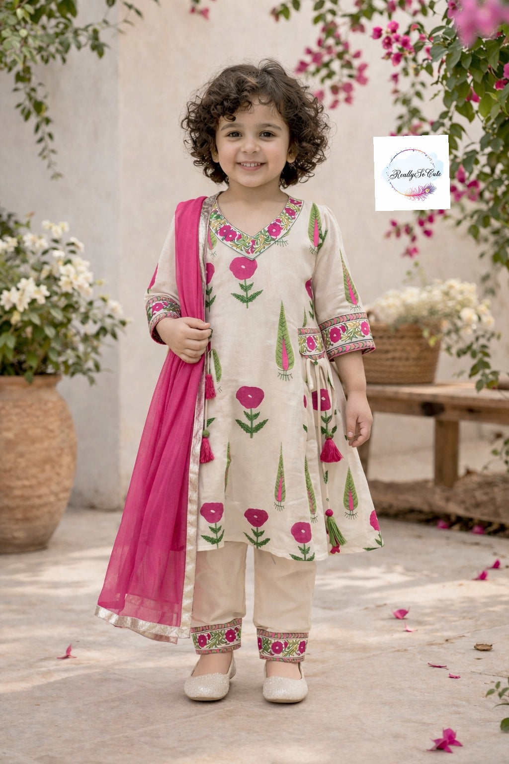 Girls Floral Handloom Cotton Kurta Set | Ethnic Wear (3M–15Y)Pink girl ethnic wear