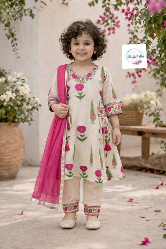 Girls Floral Handloom Cotton Kurta Set | Ethnic Wear (3M–14Y)Pink girl ethnic wear