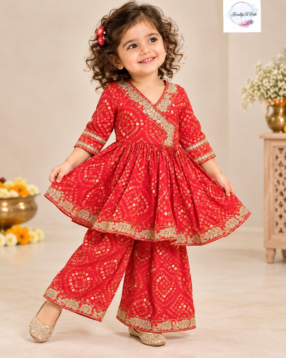 Girls Red Bandhani Print Angrakha Kurti & Palazzo Set | Festive Ethnic Wear