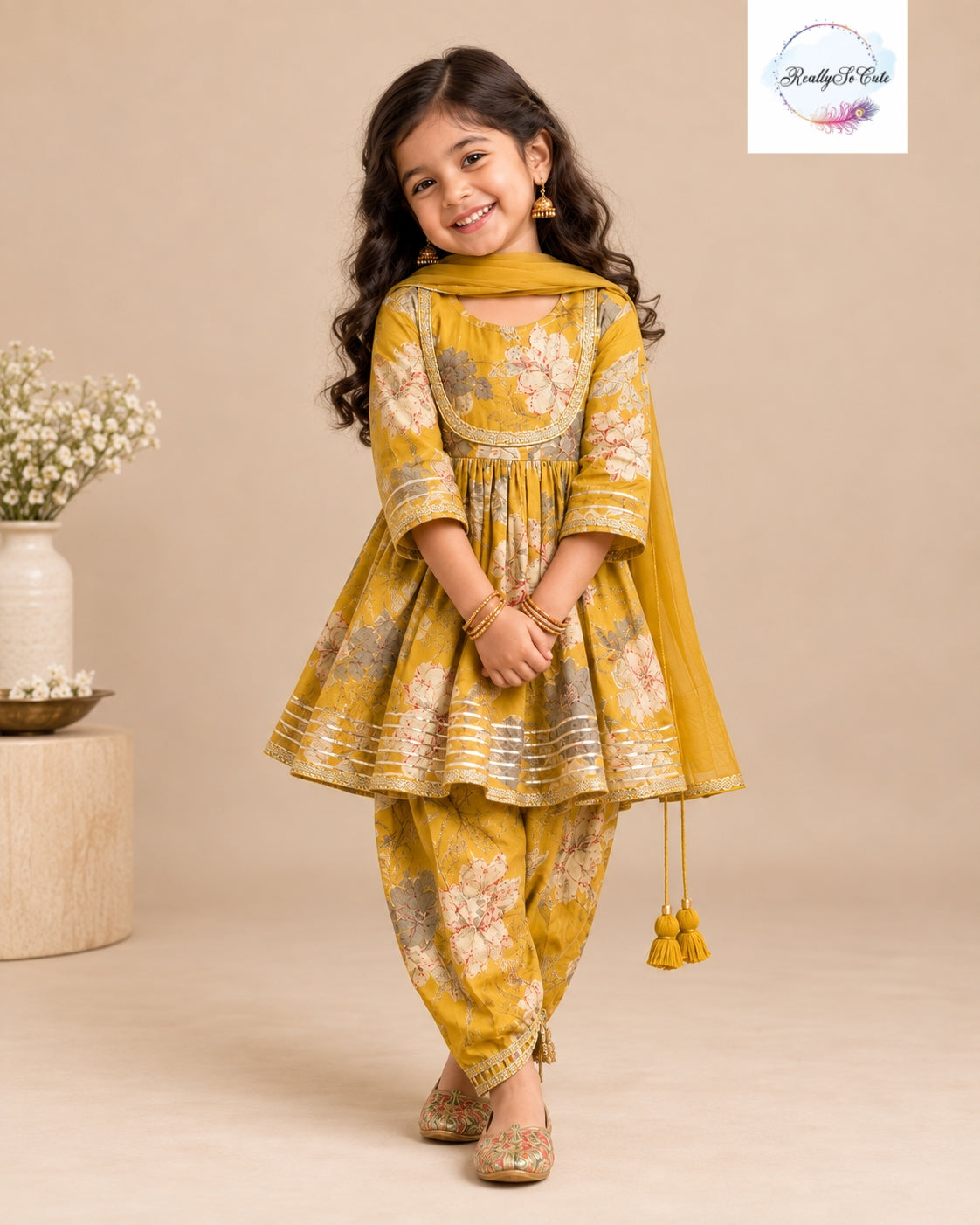 Mustard Floral Pure Cotton Girls Dhoti Set with Dupatta | Sibling Matching Collection