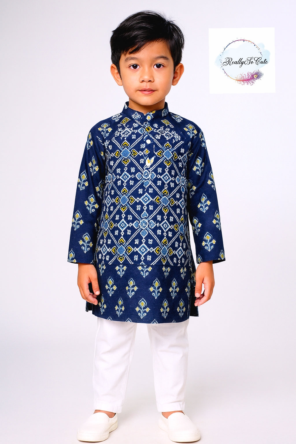 Blue patola jacket kurta pajama set, boy kurta pajama