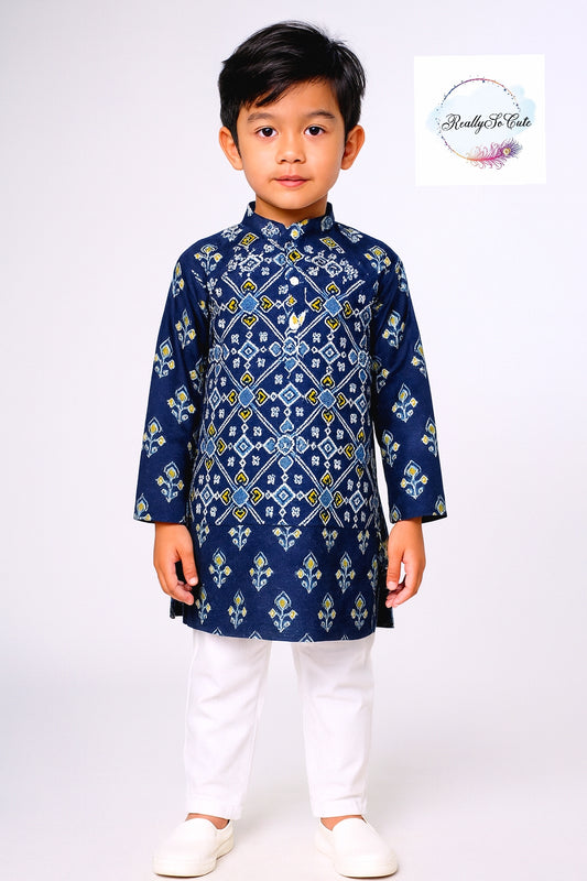 Blue patola jacket kurta pajama set, boy kurta pajama