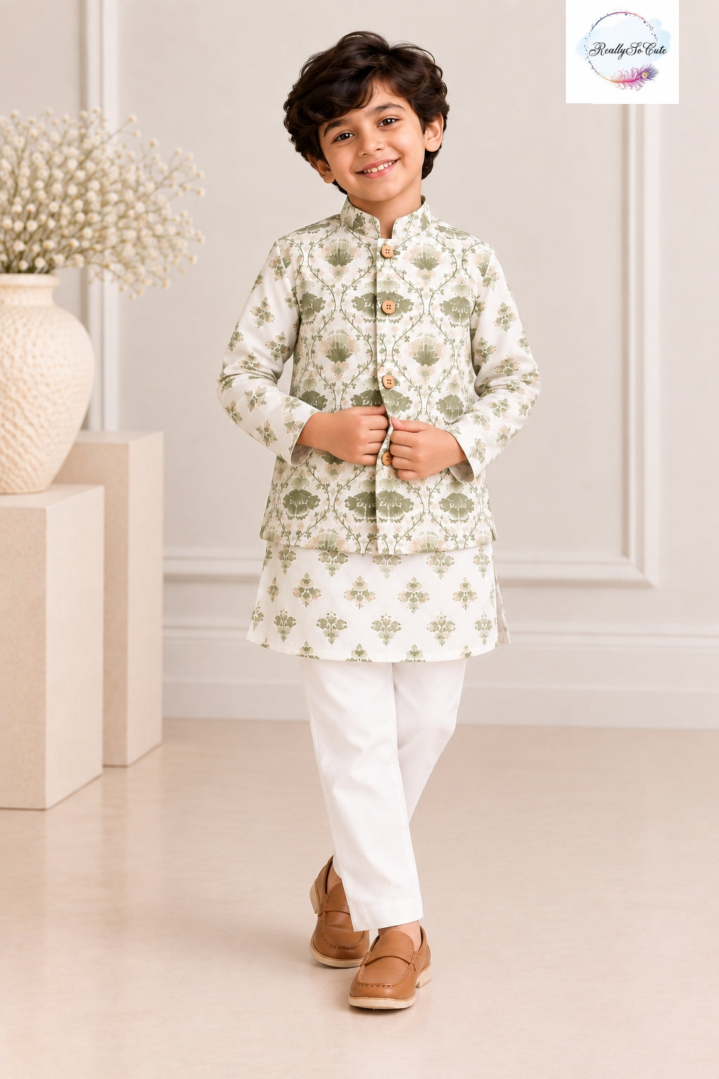 Boys Ivory & Olive Green Floral Pure Cotton Kurta Pajama with Jacket | Kids Ethnic Wear