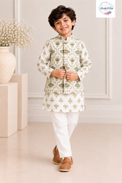 Boys Ivory & Olive Green Floral Pure Cotton Kurta Pajama with Jacket | Kids Ethnic Wear