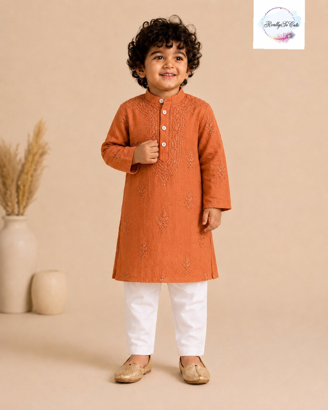 Boys Rust Handwork Chikankari Kurta Pajama Set | Pure Cotton