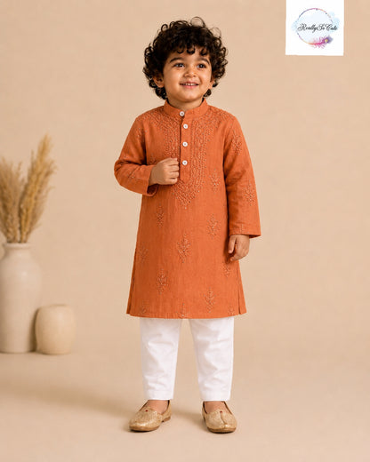 Boys Rust Handwork Chikankari Kurta Pajama Set | Pure Cotton