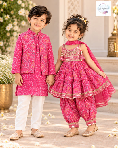 Boys Pink Bandhani Kurta Pajama Jacket Set