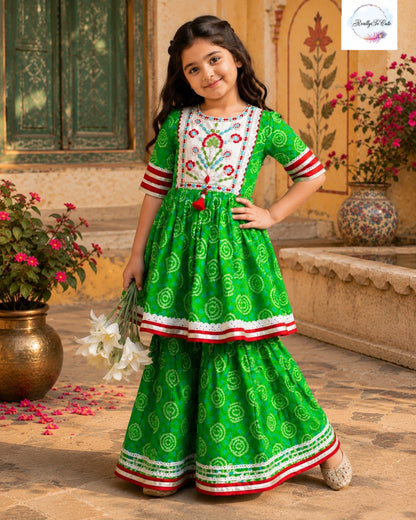 Green Floral Embroidered Sharara Set for Girls | Pure Cotton Festive Wear| 3M–15Y