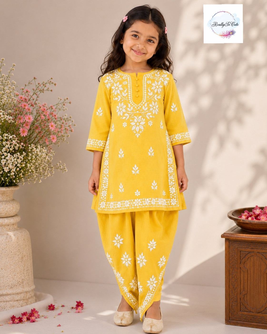 Yellow Handwork Chikankari Modal Cotton Dhoti Set for Girls