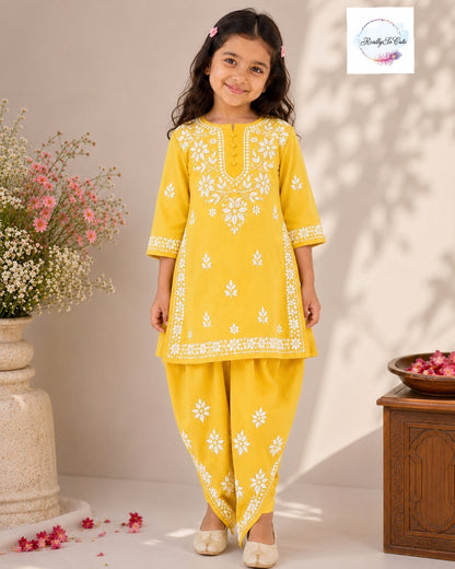 Yellow Handwork Chikankari Modal Cotton Dhoti Set for Girls