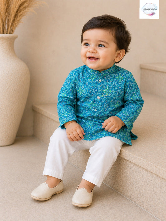 Blue Bandhani Print Boys Kurta Pajama Set in Soft Cotton