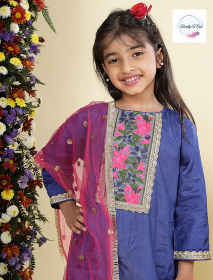 Blue chanderi kurti sharara dupatta set, Muslin silk kurta sharara