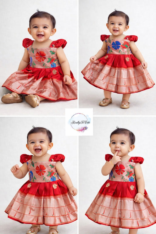 Traditional paithani dresses, baby girls ethnic wear, red Paithani dress