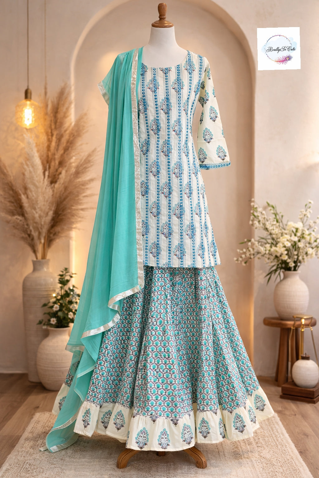 Aqua blue Block Print Cotton Kurta & Sharara Set for Women (Mom Only), block print set
