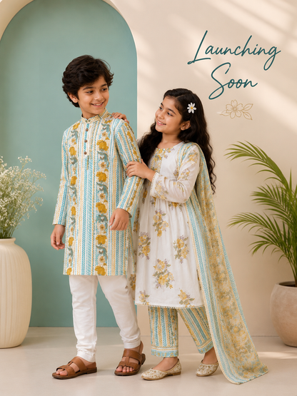 Ivory & Golden Yellow Floral Pure Cotton Anarkali Set for Girls