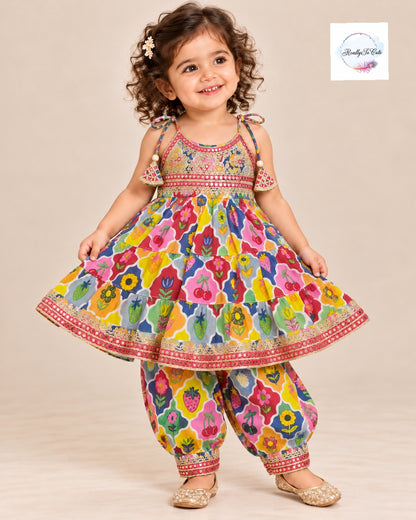 Girls Multicolor Floral Print Pure Cotton Kurti & Pant Set with Mirror Work | 1–5 Years