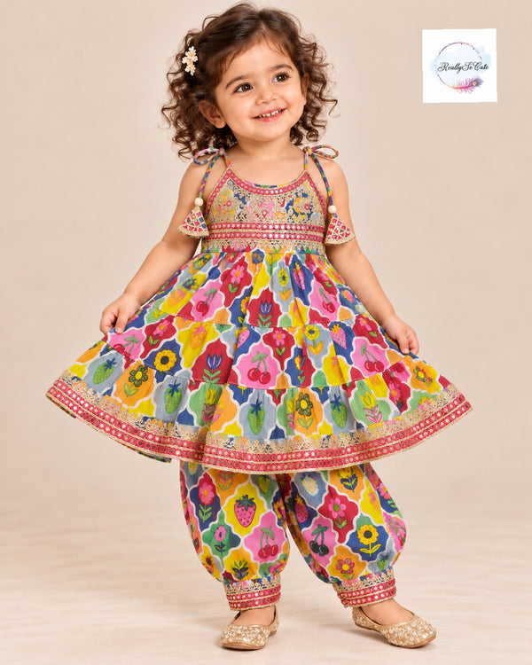 Girls Multicolor Floral Print Pure Cotton Kurti & Pant Set with Mirror Work | 1–5 Years