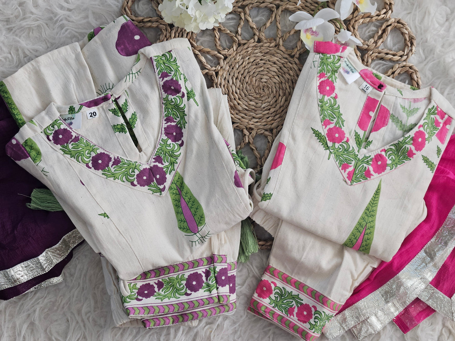 Girls Floral Handloom Cotton Kurta Set | Ethnic Wear (3M–15Y)Purple girl ethnic wear