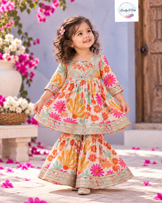 Girls Multicolor Floral Print Pure Cotton Kurti & Sharara Set with Mirror Work | 1–5 Years